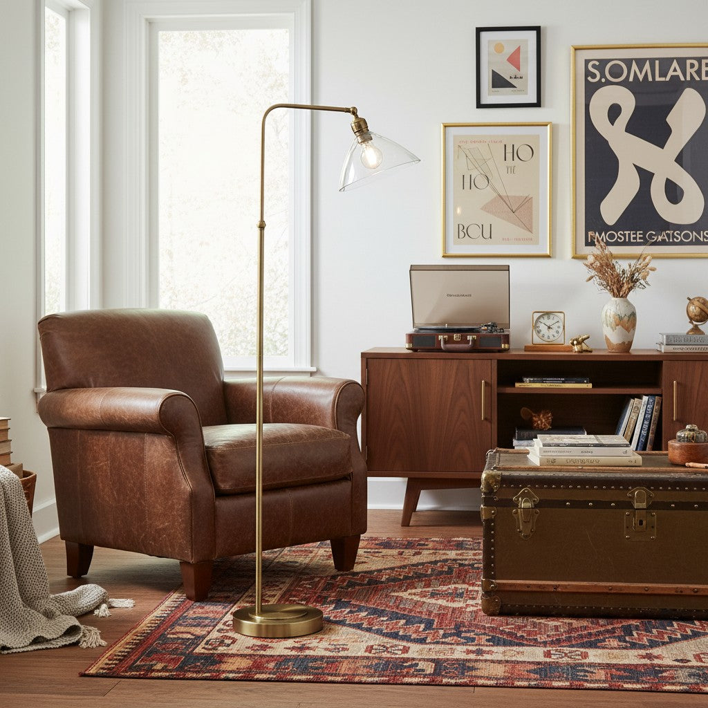 Clarione Art Deco vloerlamp met heldere glazen kap en metalen voet