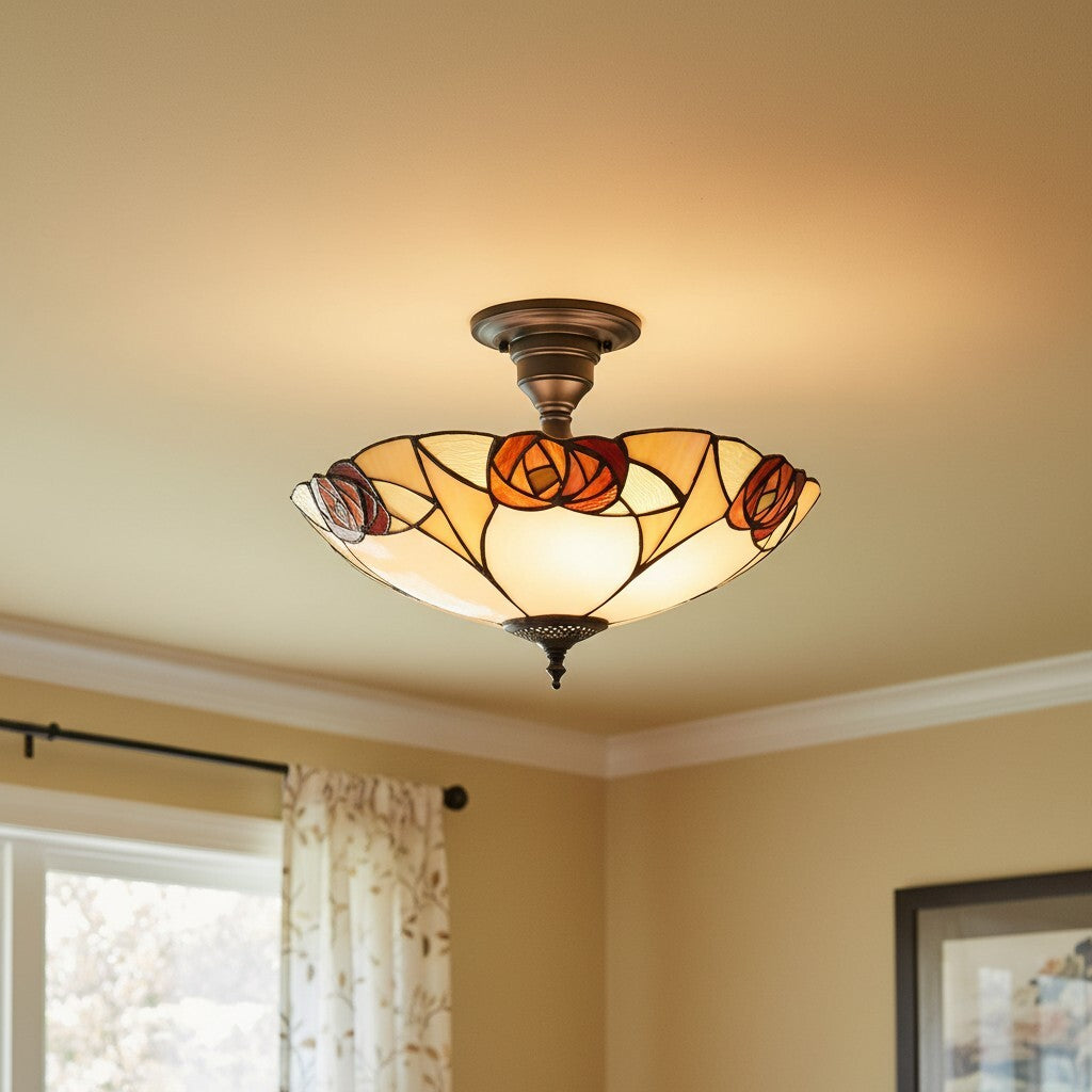 Lampe de plafond en vitrail artisanale TF Ingram – Lumière Tiffany vintage Art déco pour salle à manger