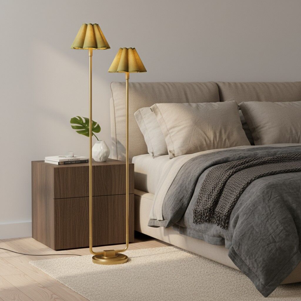 Lampadaire Duova minimaliste à 2 lampes - Lumière moderne en métal avec abat-jour plissé en tissu pour chambre ou salon