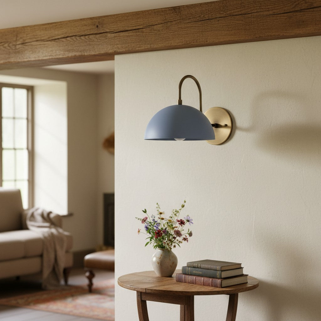 Curva Metal  Industrial Wall Sconce - Curved Brass Arm - Hammered Dome Light Fixture