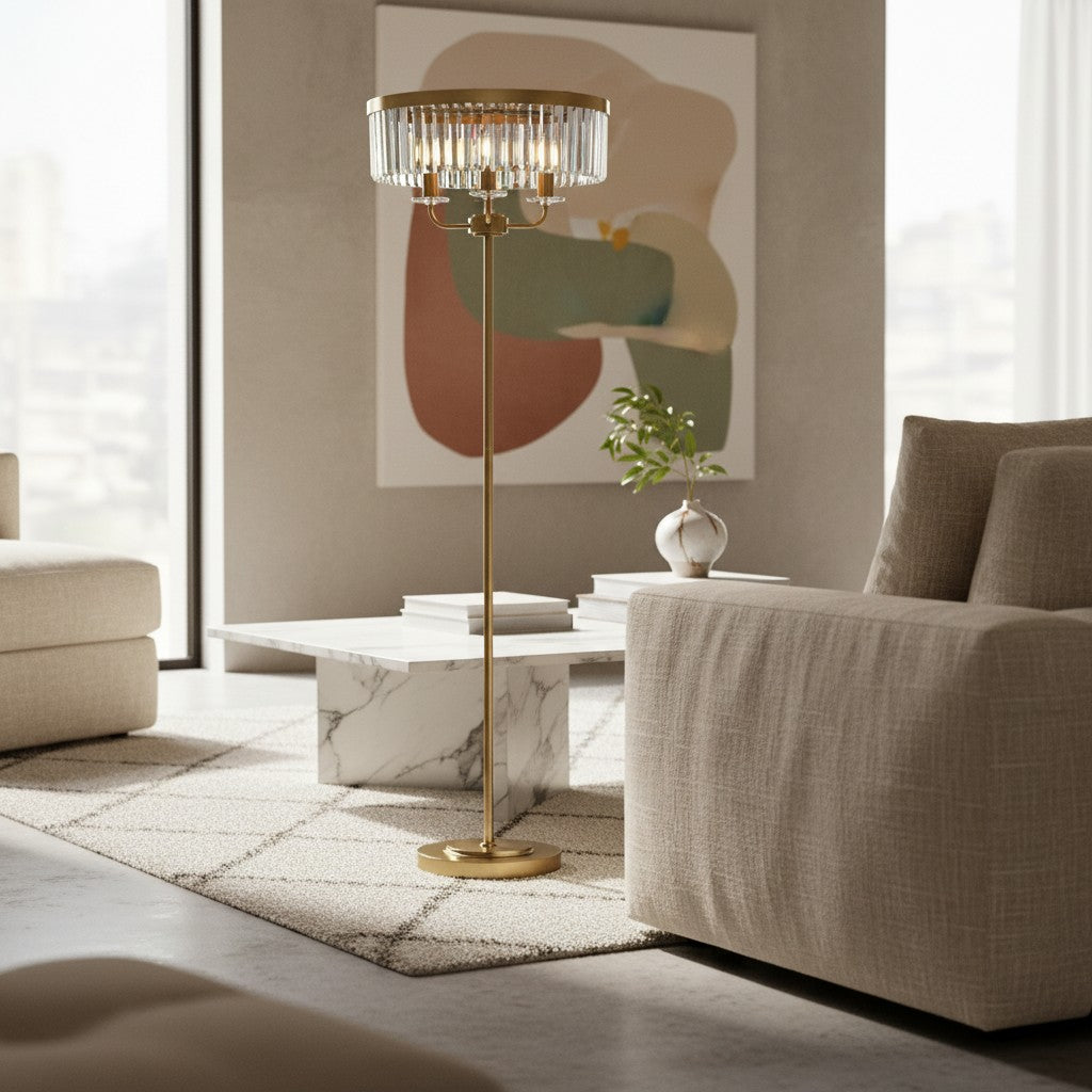 Beveline 3-licht ronde vloerlamp - facetrand glazen kapjes klassieke metalen afwerking voor woonkamers