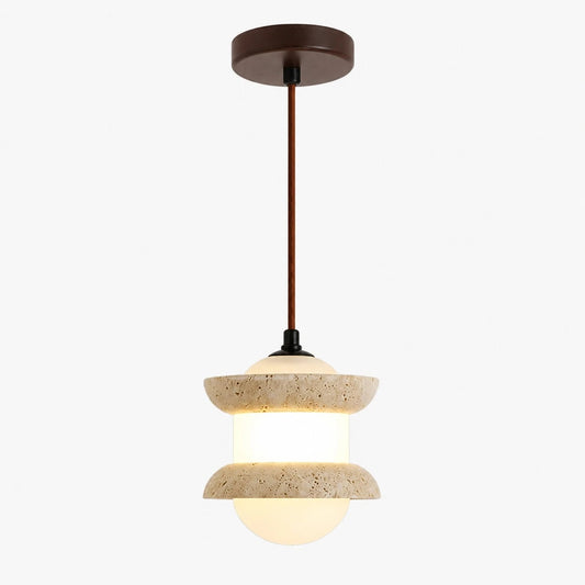 Single travertine stone pendant light on a plain background