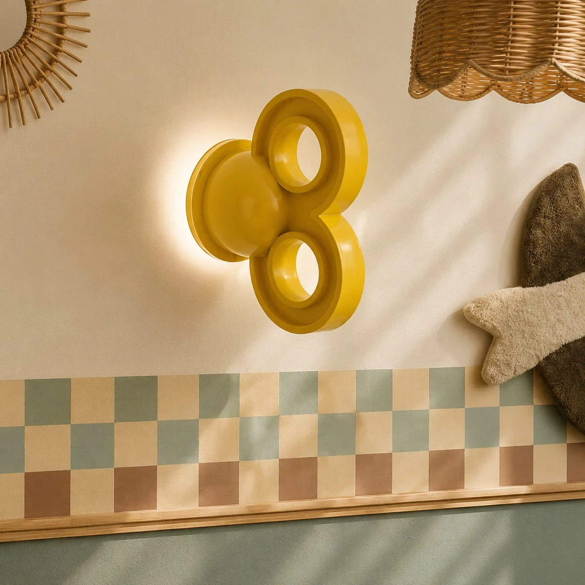 Yellow wall light on a patterned warm interior wall