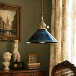 Cargar imagen en el visor de la Galería, Blue glazed ceramic pendant light in a classic reading corner