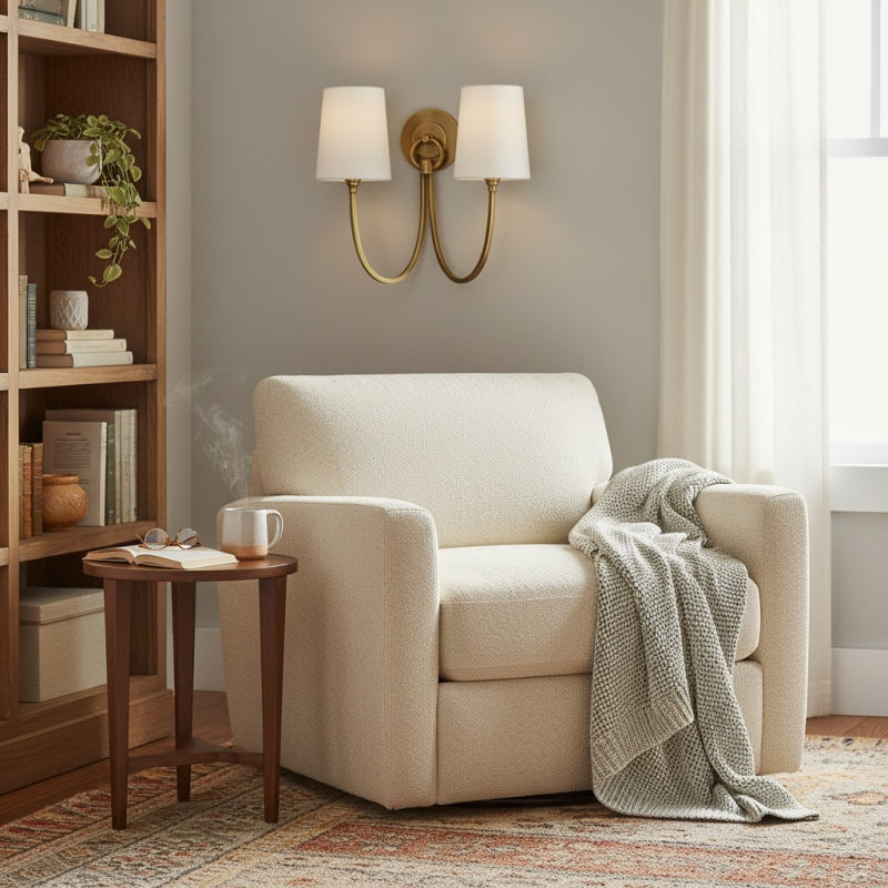 Aplique de Pared Doble Moderno Roven con Brazos Curvos y Pantallas de Tela – Iluminación de Acento Clásica para Dormitorio