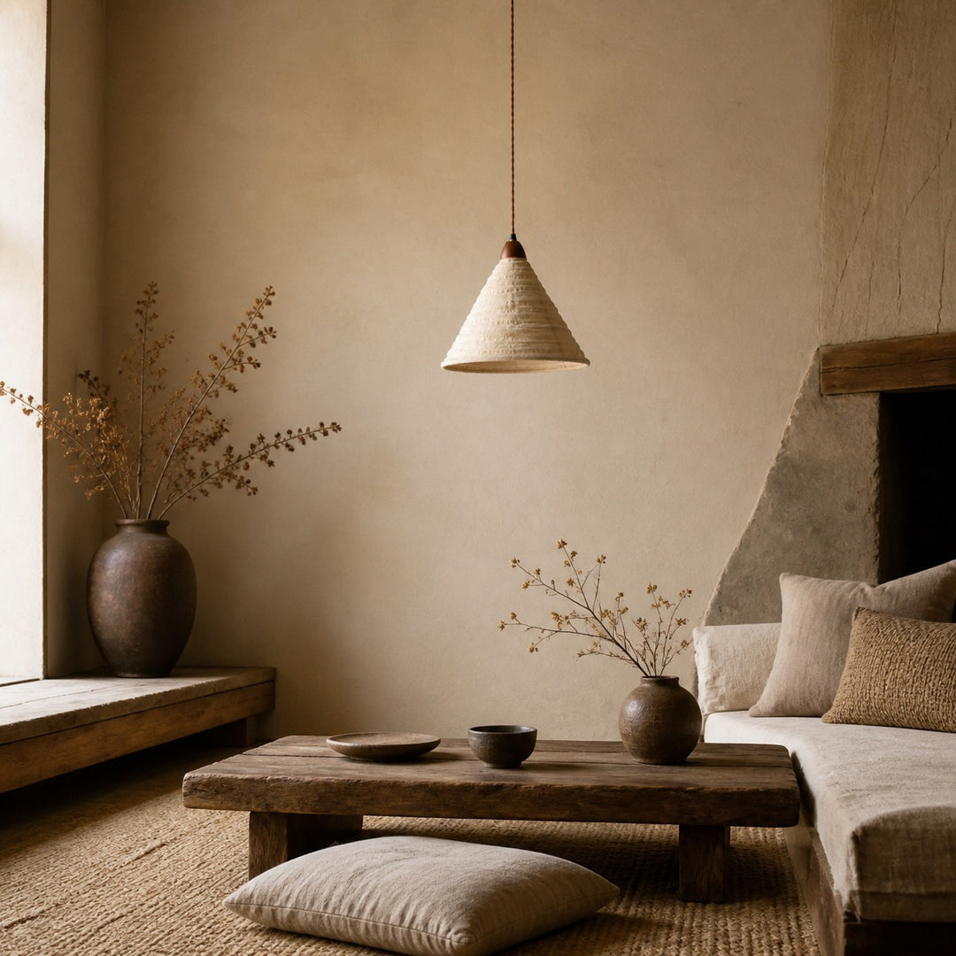 Geplooide stoffen kegelvormige hanglamp met houten houder