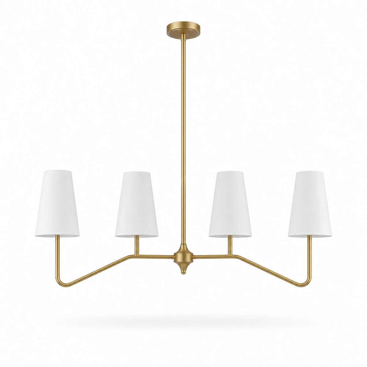 Strellux linear chandelier in brass finish with white shades
