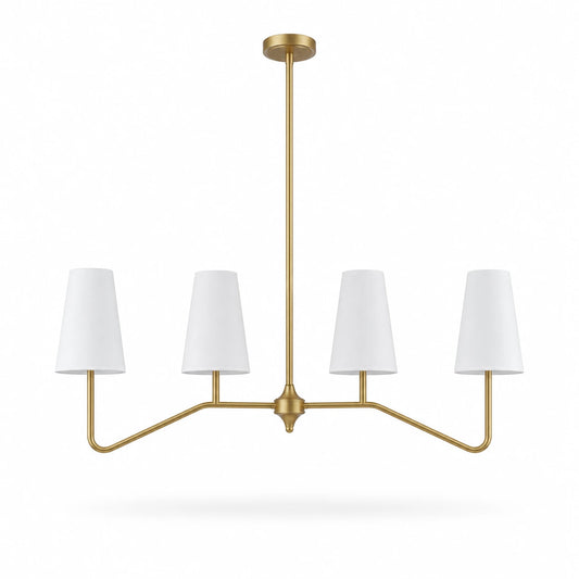 Strellux linear chandelier in brass finish with white shades