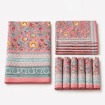 Load image into Gallery viewer, Folded pink garden border floral cotton linen tablecloth set