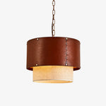 Cargar imagen en el visor de la Galería, Brown leather drum shade pendant light with brass finish