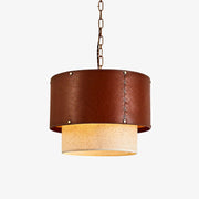 Brown leather drum shade pendant light with brass finish