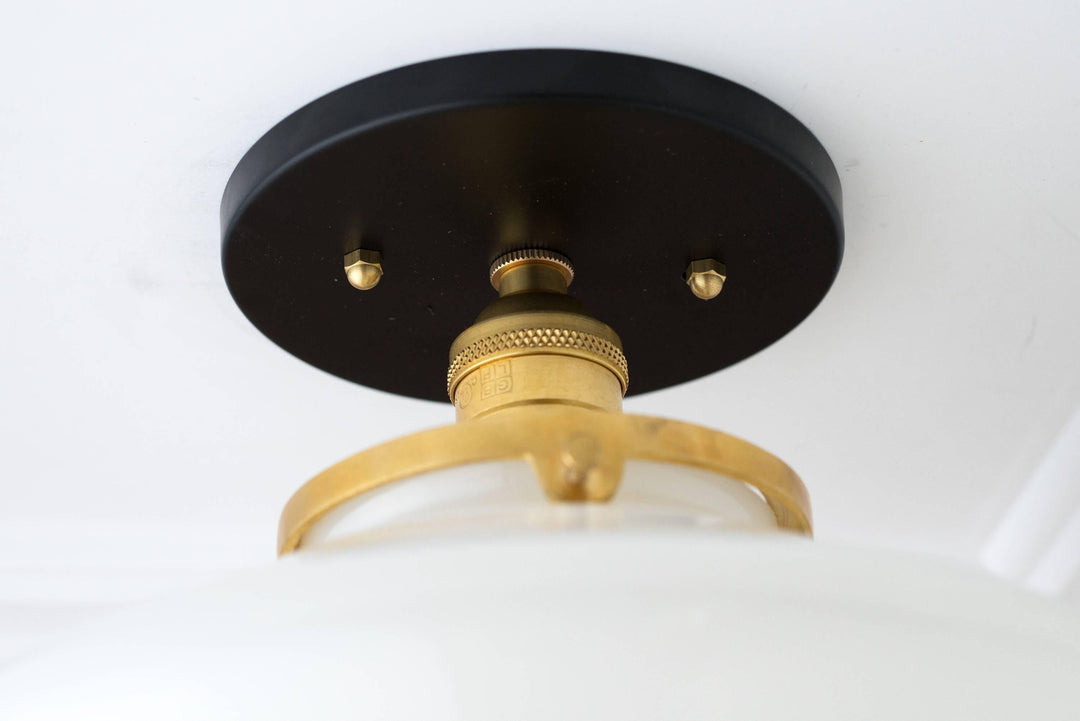 Geotower Glass Brass Ceiling Light - Opal Glass Schoolhouse Shade - Modern Elegance
