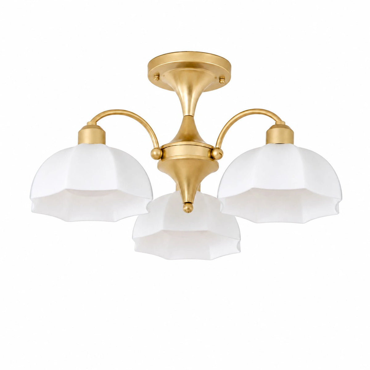 Gold three-light chandelier with white glass shades