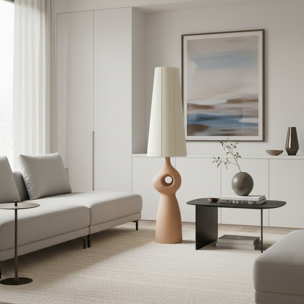 Pryssa sculpturale keramische vloerlamp - ivoorkleurige linnen kap voor woonkameraccent