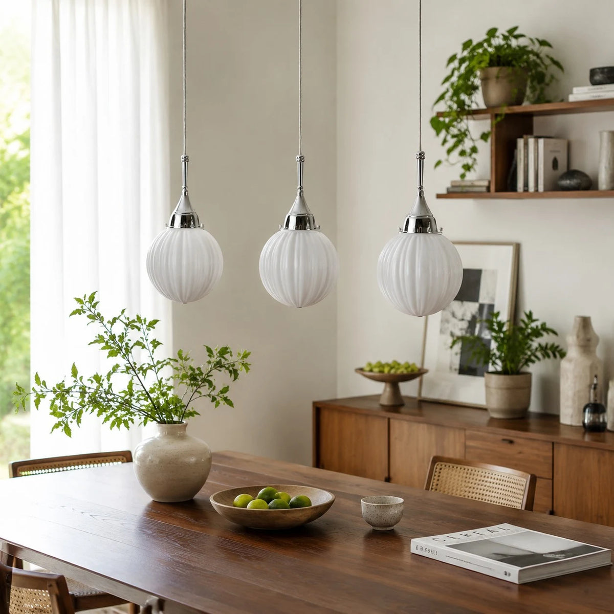 Three ribbed glass pendants above a dining table