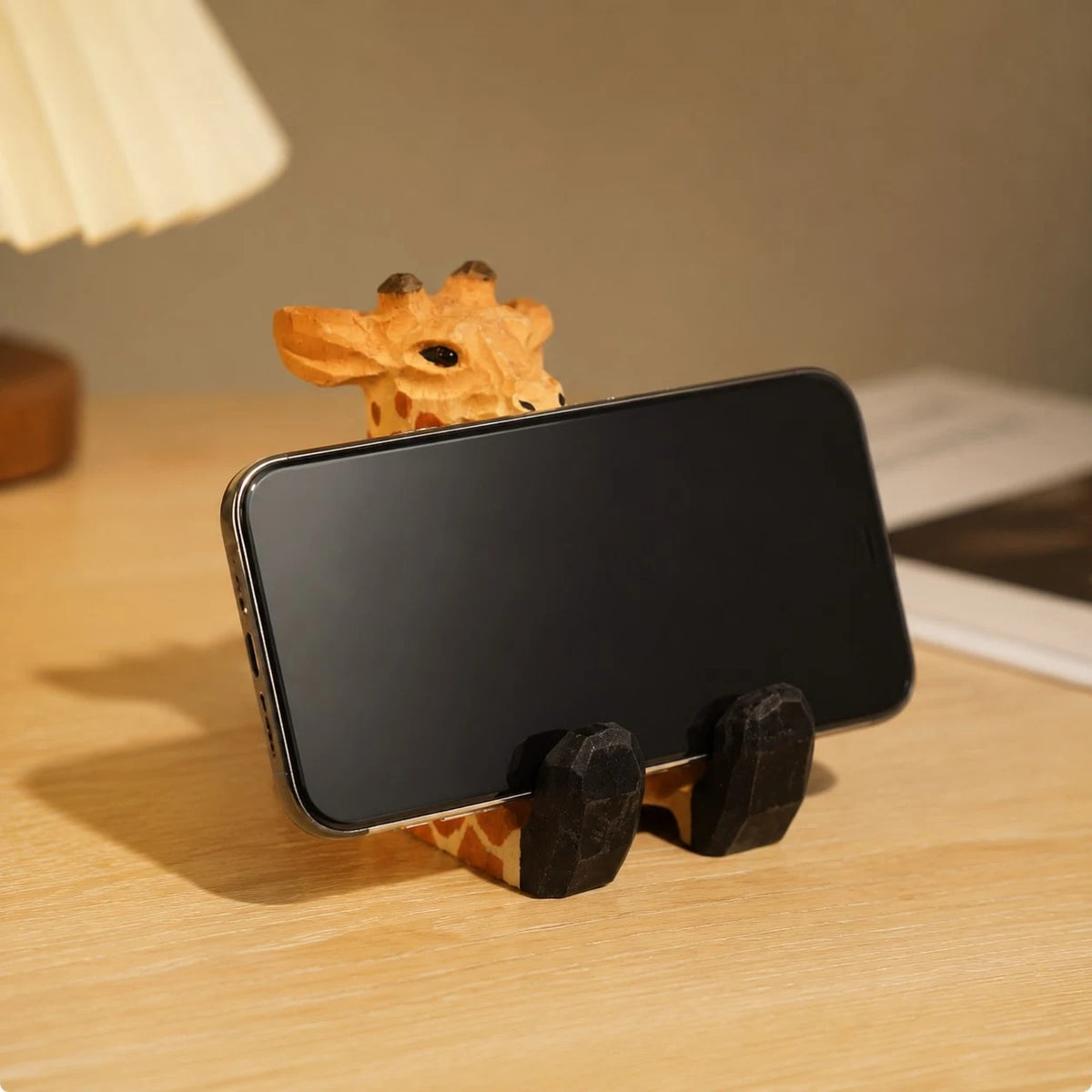 Wooden animal phone stand scene view