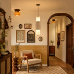 Cargar imagen en el visor de la Galería, Travertine pendant lamp in a warm vintage entry and lounge space