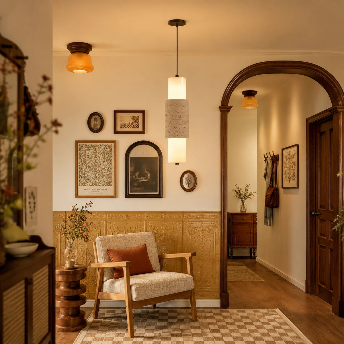 Travertine pendant lamp in a warm vintage entry and lounge space