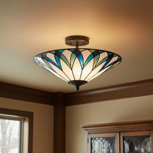 Luz de Techo Semi Empotrada TF Allanton Tiffany – Pantalla con Patrón Art Nouveau para Sala o Comedor