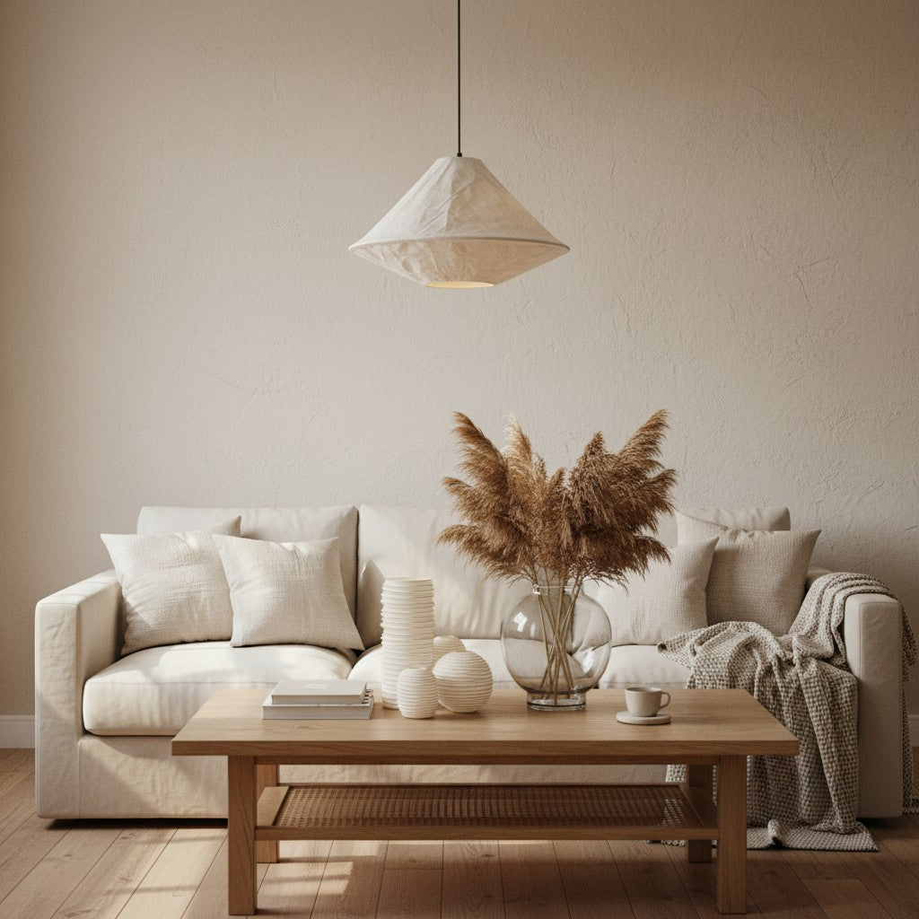 Sombra de tela plegable Zalen - Lámpara colgante tejida artesanal para ambiente de comedor y entrada