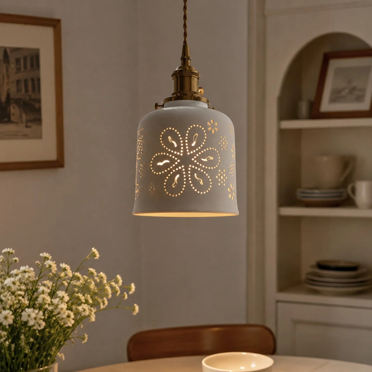 Floral ceramic pendant light in a cozy interior corner