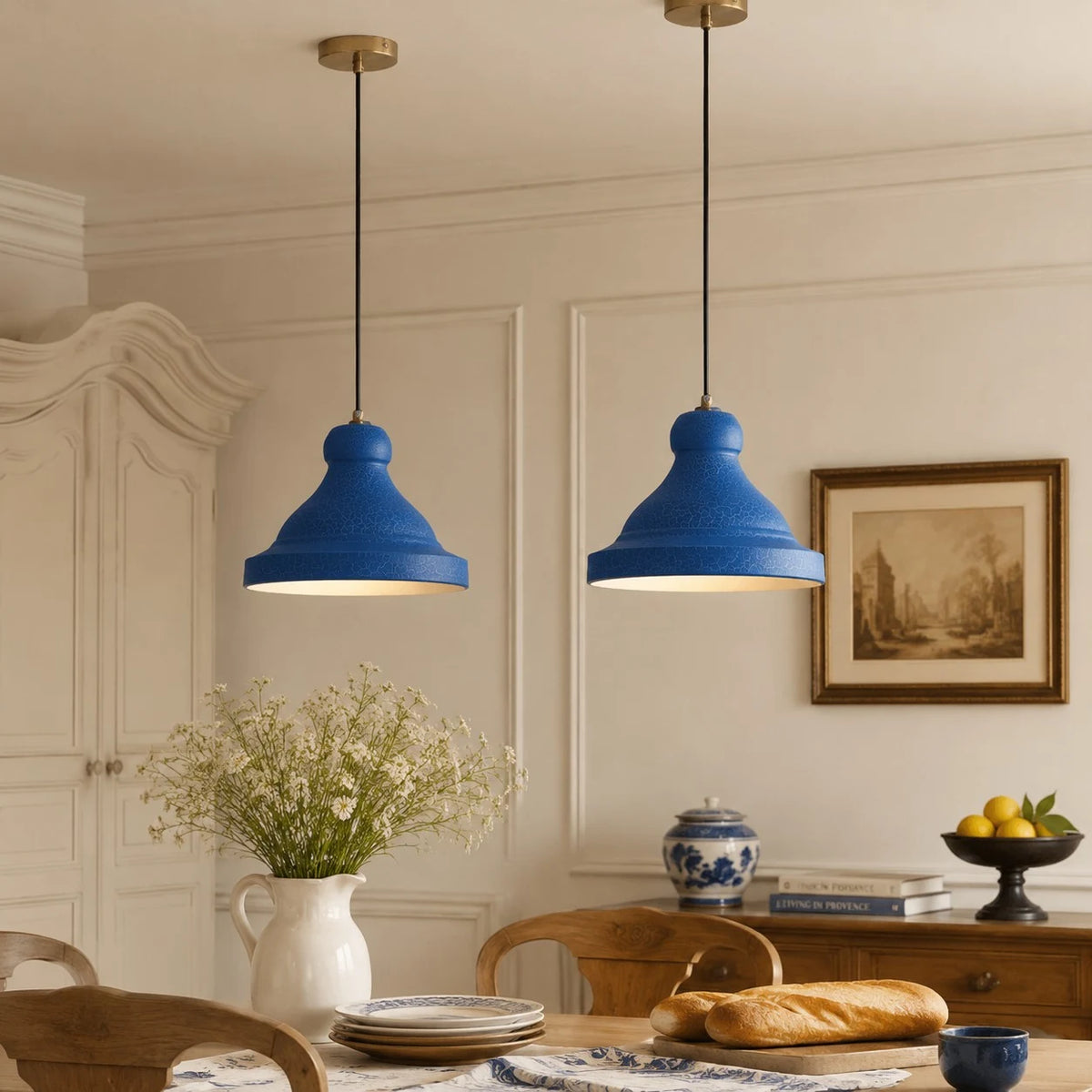 Blue metal pendant lamps in a dining room scene