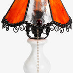 Cargar imagen en el visor de la Galería, Close view of amber stained glass shade, black lace trim and decorative lamp frame