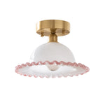 Cargar imagen en el visor de la Galería, flush mount version with brass canopy and pink rimmed ruffled glass shade