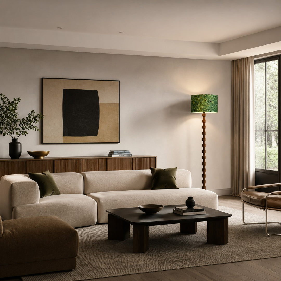 Patterned floor lamp in a warm lounge setting