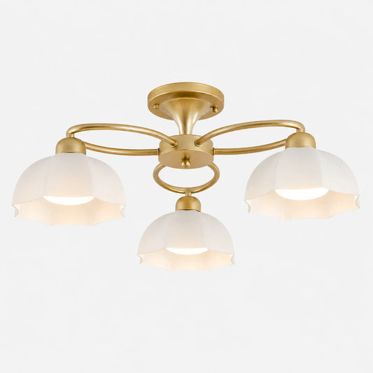 3-light brass ceiling fixture with white glass shades