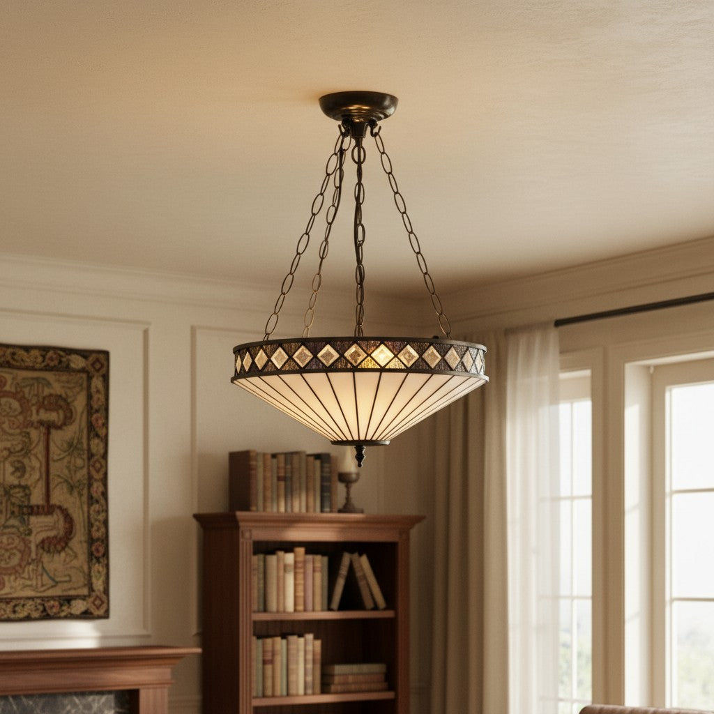 Suspension réglable TF Fargo avec abat-jour inversé inspiré du vitrail pour îlot et salle à manger