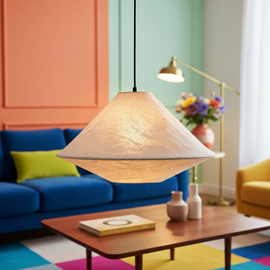 Sombra de tela plegable Zalen - Lámpara colgante tejida artesanal para ambiente de comedor y entrada