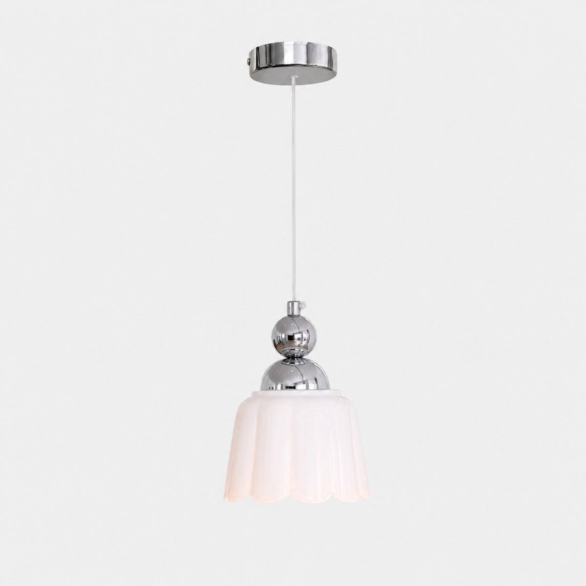 White scalloped ceramic pendant lamp with polished metal canopy