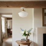 Load image into Gallery viewer, Geotower Glass Brass Ceiling Light - Opal Glass Schoolhouse Shade - Modern Elegance
