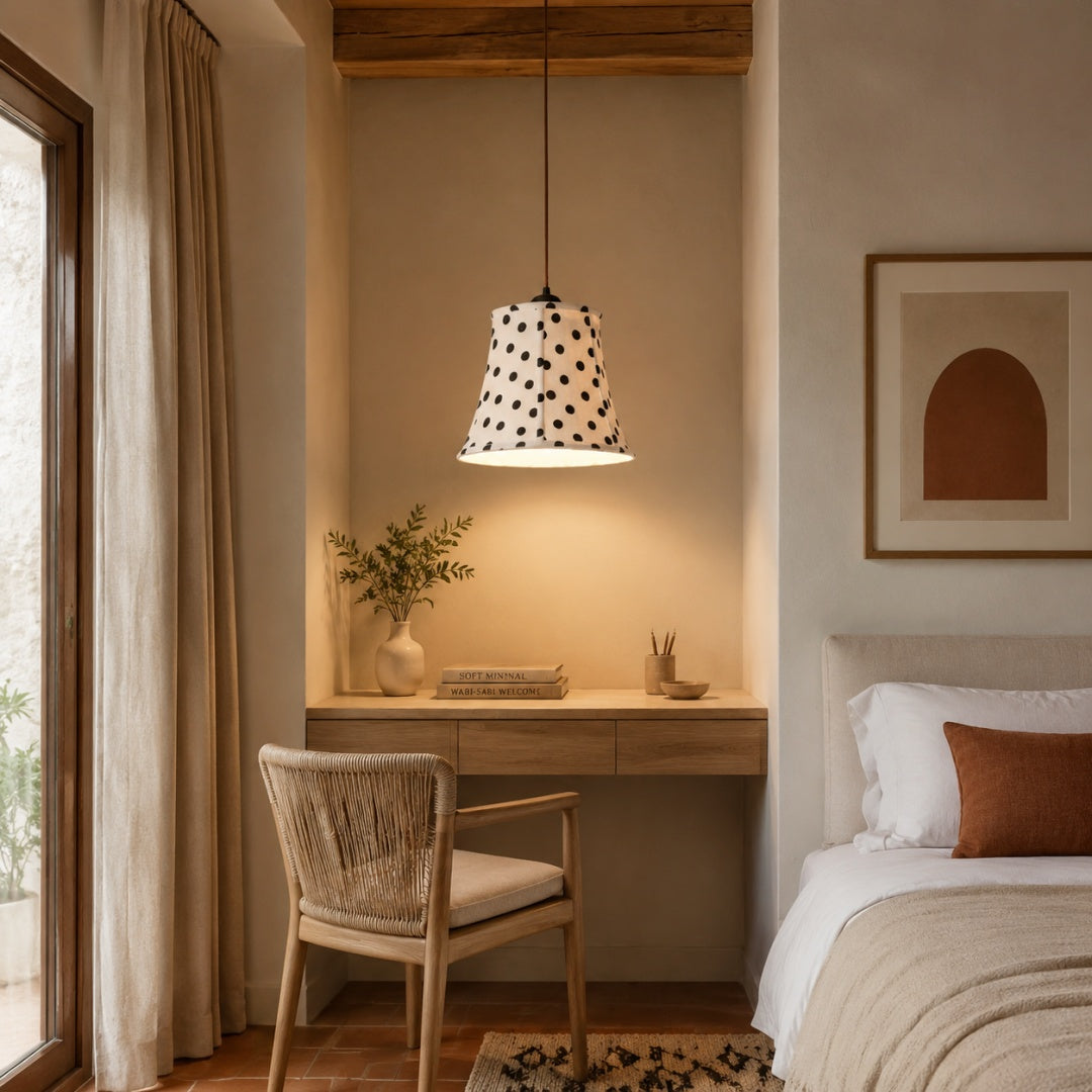 Black and White Polka Dot Wood and Fabric Pendant Lamp