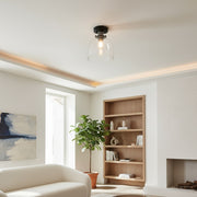 Plafonnier chromé moleté Ravion avec abat-jour en verre industriel - Salon