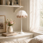 Afbeelding laden in galerijweergave, Ruffled table lamp beside flowers and a sunlit lace-curtain window
