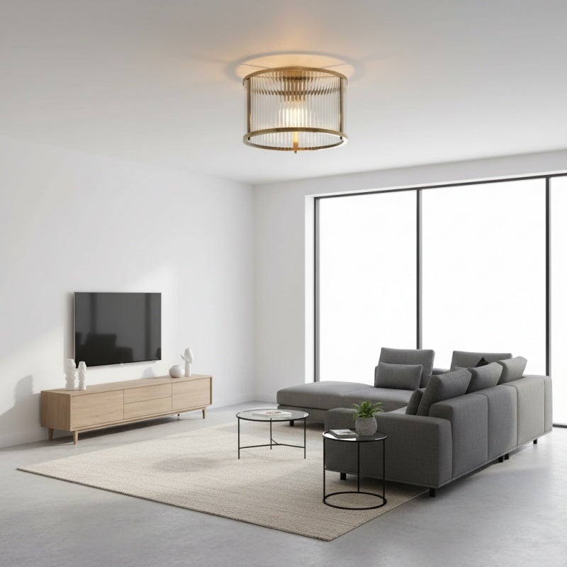 RibGlow Ribbed Glass Flush Ceiling Light – Classic Flush Mount Ceiling Lamp for Living Room or Hallway