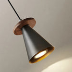 Carica l'immagine nella visualizzazione Galleria, Black cone pendant light with walnut wood accent close-up