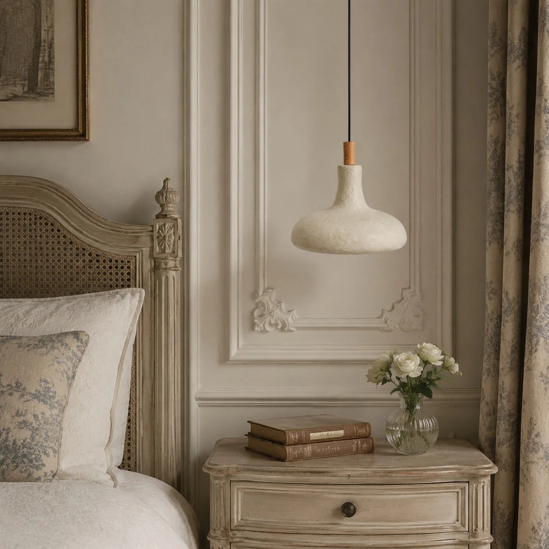 Pendant lamp installed above a bedside table in a soft European bedroom