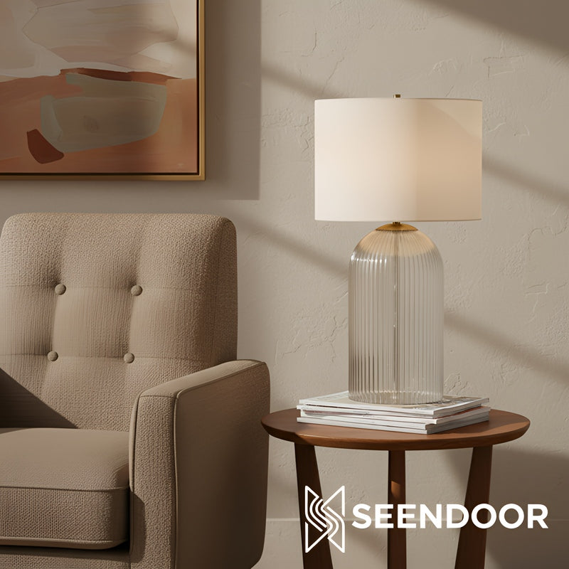 Bravira Ribbed Glass Table Lamp - Modern Lighting with Linen Shade