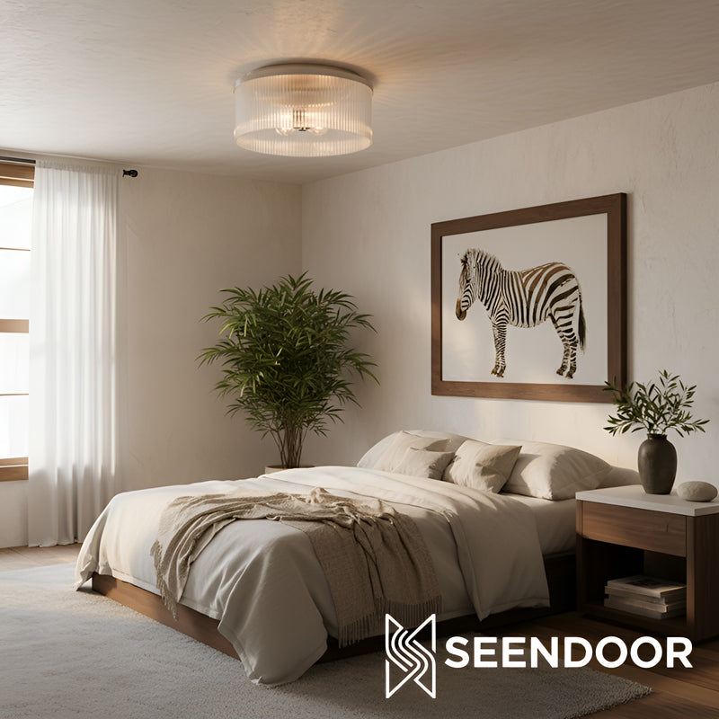 Bravira Flush Mount Ceiling Light - Ribbed & Bubbled Glass Metal Light