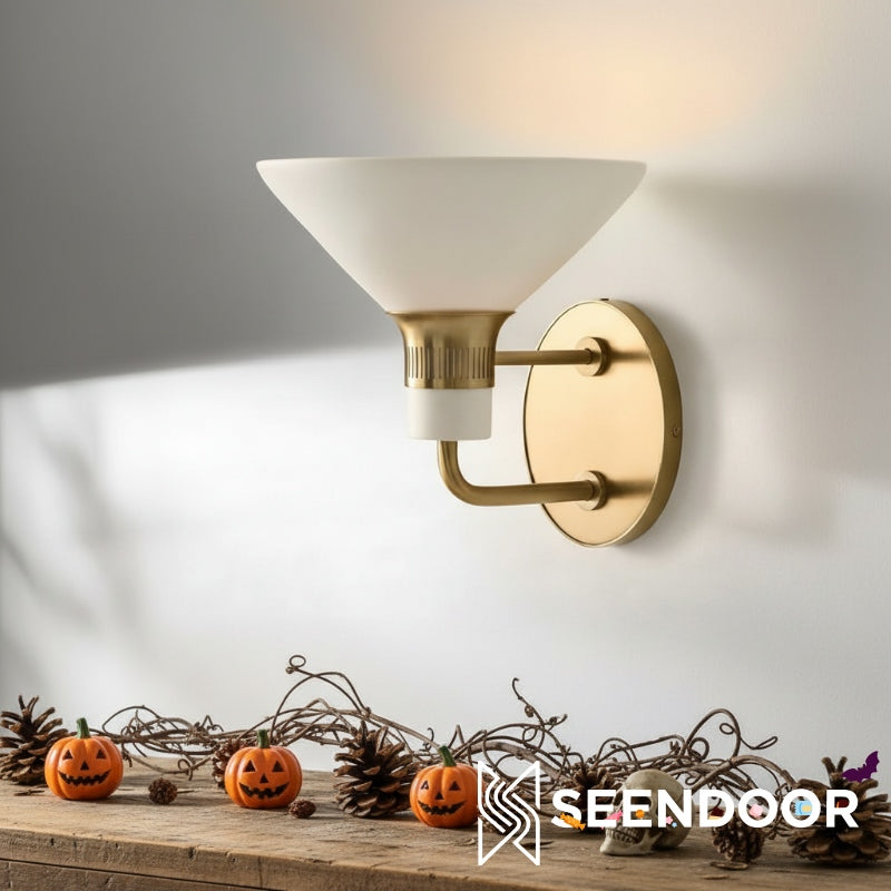 Calvor Champagne Bronze Sconce – Porcelain Ivory Shade Hardwired Wall Light