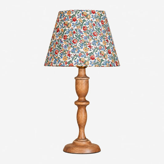 Vintage kwiatowa lampa stołowa z drewna z abażurem z tkaniny