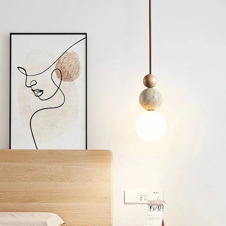 Lámpara Colgante de Noche Elegante de Piedra Crema para Mesita de Noche