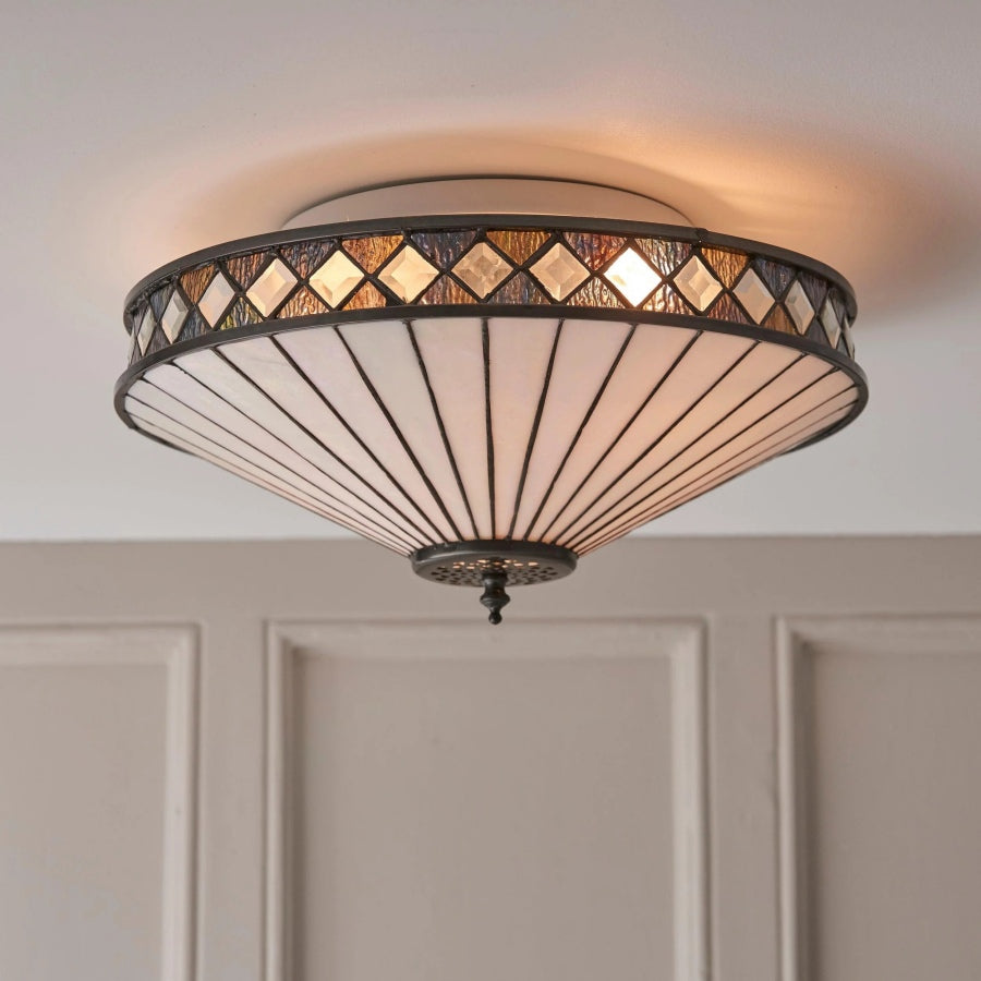 TF Fargo Geometric Flush Mount Light — Handcrafted Art Deco Stained Glass Lamp for Entryway