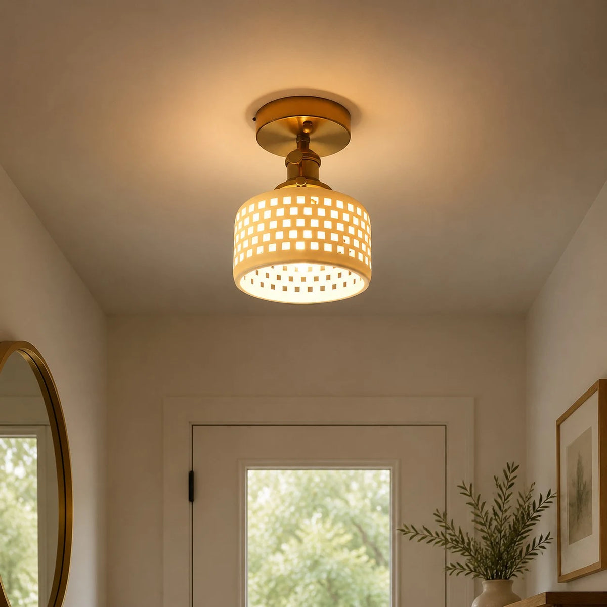 Grid ceramic ceiling light mounted in an entryway