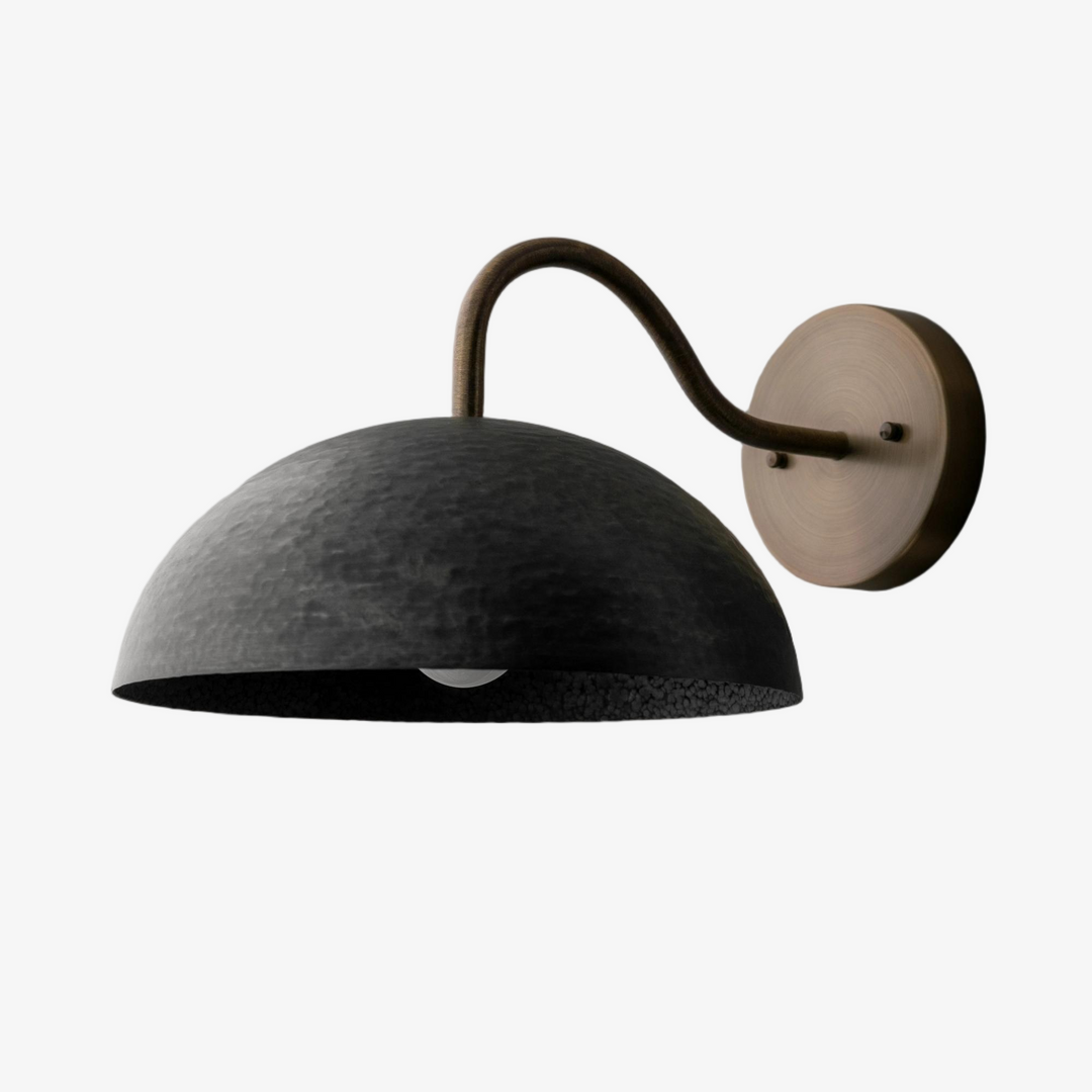 Curva Metal  Industrial Wall Sconce - Curved Brass Arm - Hammered Dome Light Fixture
