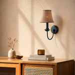 Carica l'immagine nella visualizzazione Galleria, Fabric wall sconce above a warm wood console