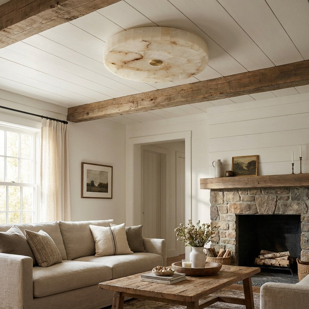 AlbaSphere Modern Round Ultra Thin Ceiling Lamp - Alabaster Contemporary Home Lighting